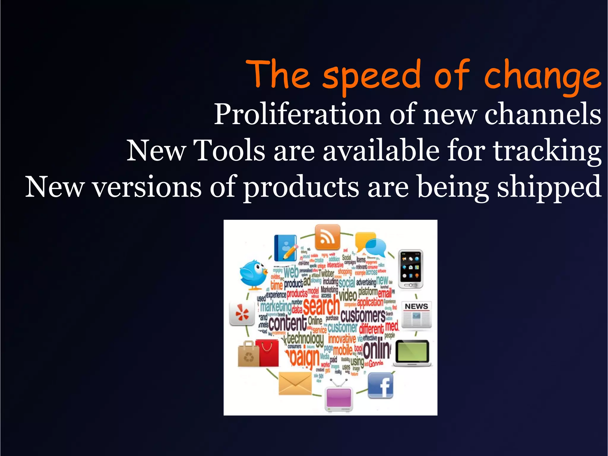 The speed of change
             Proliferation of new channels
      New Tools are available for tracking
New versions of products are being shipped
 
