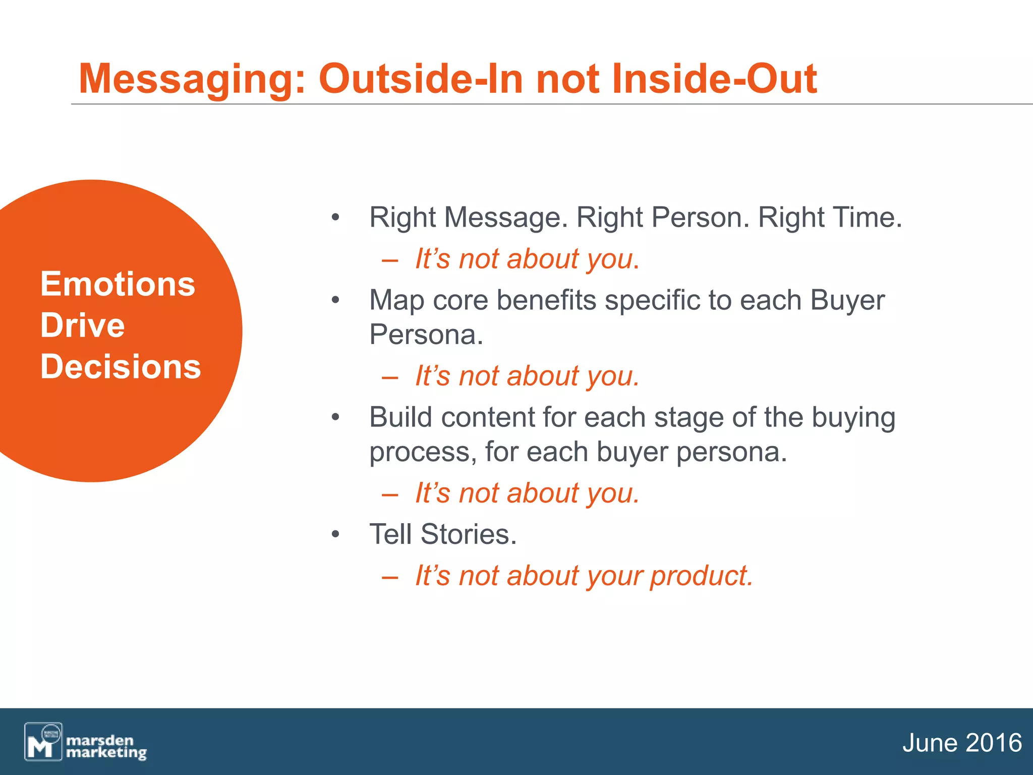 June 2016
Messaging: Outside-In not Inside-Out
Emotions
Drive
Decisions
• Right Message. Right Person. Right Time.
– It’s not about you.
• Map core benefits specific to each Buyer
Persona.
– It’s not about you.
• Build content for each stage of the buying
process, for each buyer persona.
– It’s not about you.
• Tell Stories.
– It’s not about your product.
 