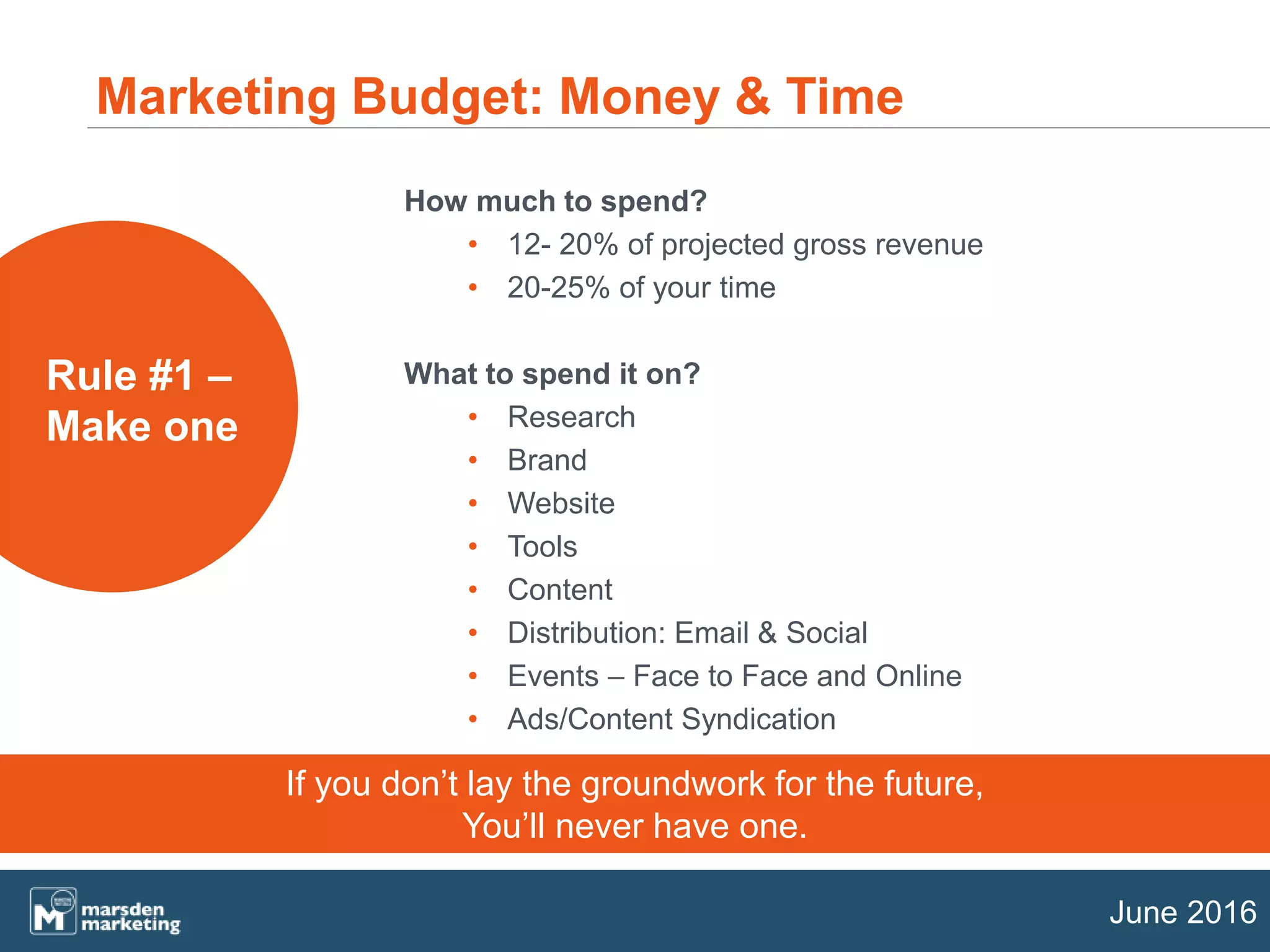 June 2016
How much to spend?
• 12- 20% of projected gross revenue
• 20-25% of your time
What to spend it on?
• Research
• Brand
• Website
• Tools
• Content
• Distribution: Email & Social
• Events – Face to Face and Online
• Ads/Content Syndication
Marketing Budget: Money & Time
Rule #1 –
Make one
If you don’t lay the groundwork for the future,
You’ll never have one.
 
