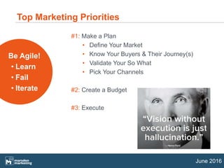 June 2016
#1: Make a Plan
• Define Your Market
• Know Your Buyers & Their Journey(s)
• Validate Your So What
• Pick Your Channels
#2: Create a Budget
#3: Execute
Top Marketing Priorities
Be Agile!
• Learn
• Fail
• Iterate
 