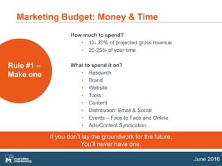 June 2016
How much to spend?
• 12- 20% of projected gross revenue
• 20-25% of your time
What to spend it on?
• Research
• Brand
• Website
• Tools
• Content
• Distribution: Email & Social
• Events – Face to Face and Online
• Ads/Content Syndication
Marketing Budget: Money & Time
Rule #1 –
Make one
If you don’t lay the groundwork for the future,
You’ll never have one.
 
