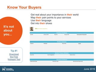 June 2016
Know Your Buyers
It’s not
about
you...
Bob: VP Franchise Operations
Functional Attributes
Job Role Common Titles Org Chart Buying Center Demographics/Firmagraphics
Emotive Attributes
Initiatives Challenges Buyer Need Lexicon
Decision Process Attributes
Buyer Role Level of Engagement Decision Drivers
Behavioral Attributes
Content Asset Types Interaction Types Watering Holes (Figuratively)
Get real about your importance in their world
Map their pain points to your services
Use their language
Get into their shoes
Tip #1
Download
the Free
Hubspot Tool
 