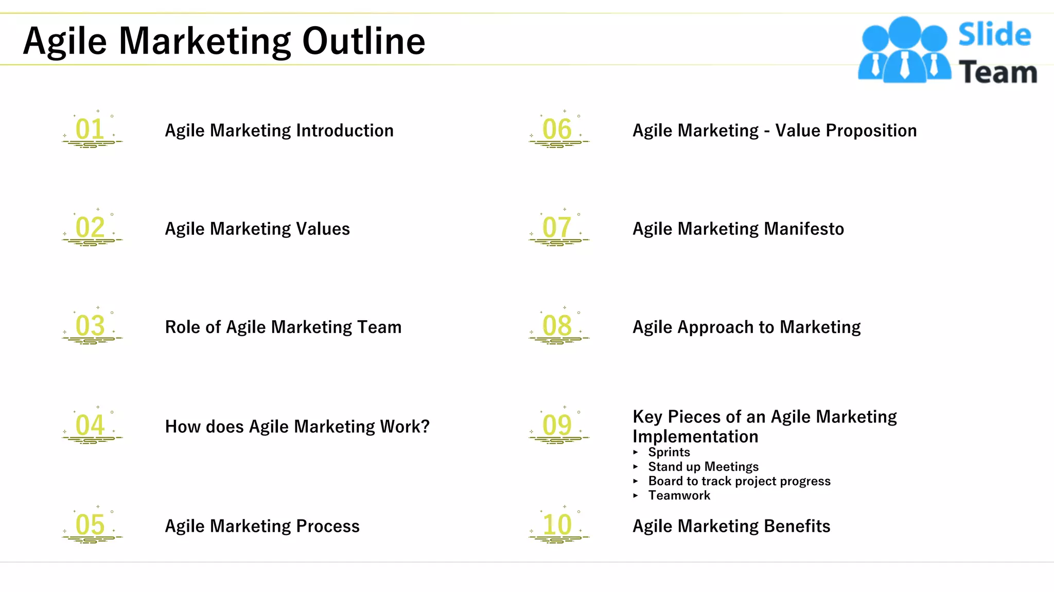 Agile Marketing Outline
2
‣ Sprints
‣ Stand up Meetings
‣ Board to track project progress
‣ Teamwork
Agile Marketing Introduction Agile Marketing - Value Proposition
Agile Marketing Values Agile Marketing Manifesto
Role of Agile Marketing Team Agile Approach to Marketing
How does Agile Marketing Work?
Key Pieces of an Agile Marketing
Implementation
Agile Marketing Process Agile Marketing Benefits
0601
0702
0803
0904
1005
 