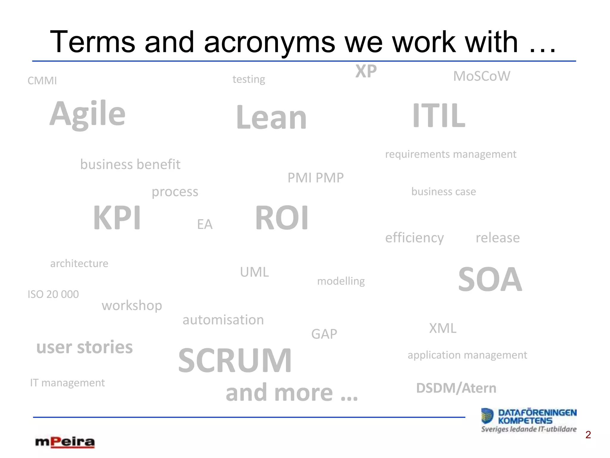 Terms and acronyms we work with …
CMMI                                   testing             XP                MoSCoW

    Agile                              Lean                         ITIL
                                                                requirements management
             business benefit
                                                 PMI PMP
                        process                                     business case

              KPI                 EA       ROI                  efficiency      release
    architecture

ISO 20 000
                                        UML
                                                    modelling
                                                                             SOA
                workshop
                                automisation
                                                   GAP                 XML
 user stories
IT management
                            SCRUM                                  application management


                                       and more …                    DSDM/Atern

                                                                                            2
 
