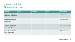 21
Agile Principles
Management Focus
Principle Good Improve Idea Assessment
Support and trust
motivated individuals
4-Agile ↗
Convey information
face-to-face
3-Sustainable ↕
Working software is
primary progress
2-Transitioning ↘
Promote sustainable
pace indefinitely
1-Impeded ↔
Manager leaning principles
David Hanson | Agile Coach
 
