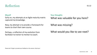 39
Early on, my attempts at an Agile maturity matrix
captured my knowledge.
Now, my attempt is to provide a framework for
teams to chart their own course.
Perhaps, a reflection of my evolution from
facilitator to trainer to mentor to coach.
Myself Your thoughts
What was valuable for you here?
What was missing?
What would you like to see next?
Reflection
Please don’t forget to provide your feedback on the session; thank you!
David Hanson | ANE
01:12
 