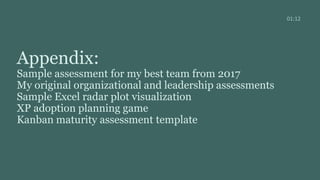 Appendix:
Sample assessment for my best team from 2017
My original organizational and leadership assessments
Sample Excel radar plot visualization
XP adoption planning game
Kanban maturity assessment template
01:12
 