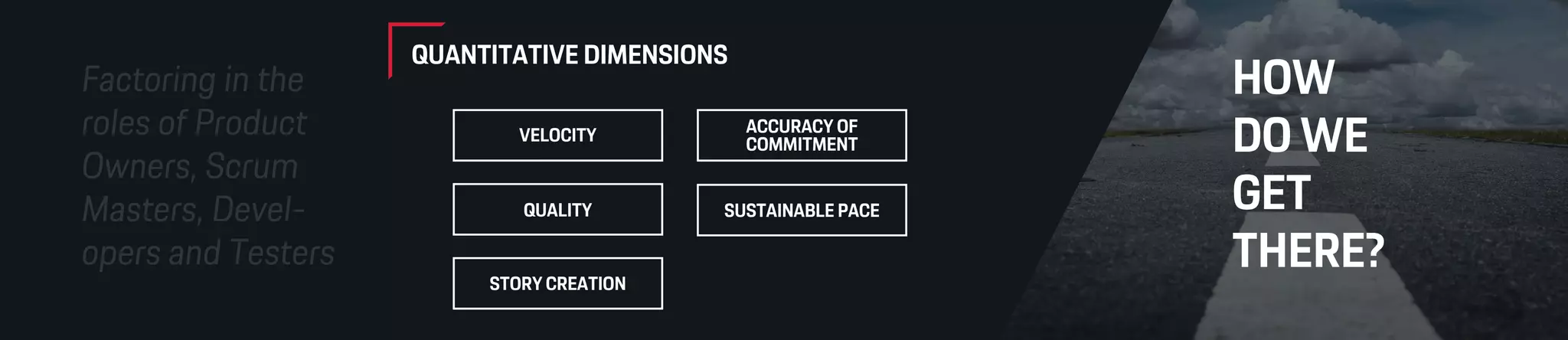 HOW
DO WE
GET
THERE?
QUANTITATIVE DIMENSIONS
VELOCITY
QUALITY
STORY CREATION
ACCURACY OF
COMMITMENT
SUSTAINABLE PACE
 