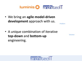 ProblemWe bring an agilemodel-drivendevelopment approach with us.A unique combination of iterative top-down and bottom-up engineering.Solution