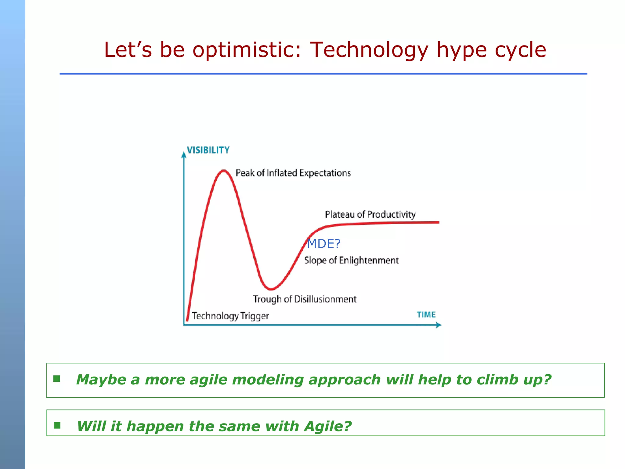Let’s be optimistic: Technology hype cycle MDE? Maybe a more agile modeling approach will help to climb up? Will it happen the same with Agile? 