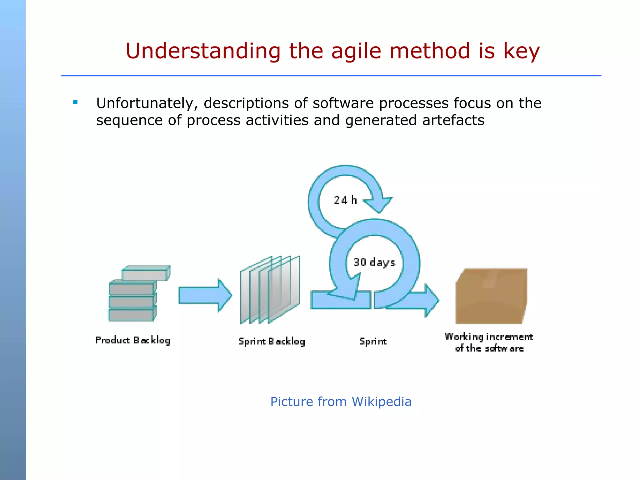 Unfortunately, descriptions of software processes focus on the sequence of process activities and generated artefacts  Understanding the agile method is key Picture from Wikipedia 