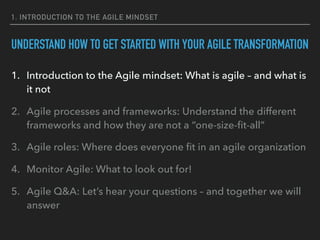 UNDERSTAND HOW TO GET STARTED WITH YOUR AGILE TRANSFORMATION
1. Introduction to the Agile mindset: What is agile – and wha...