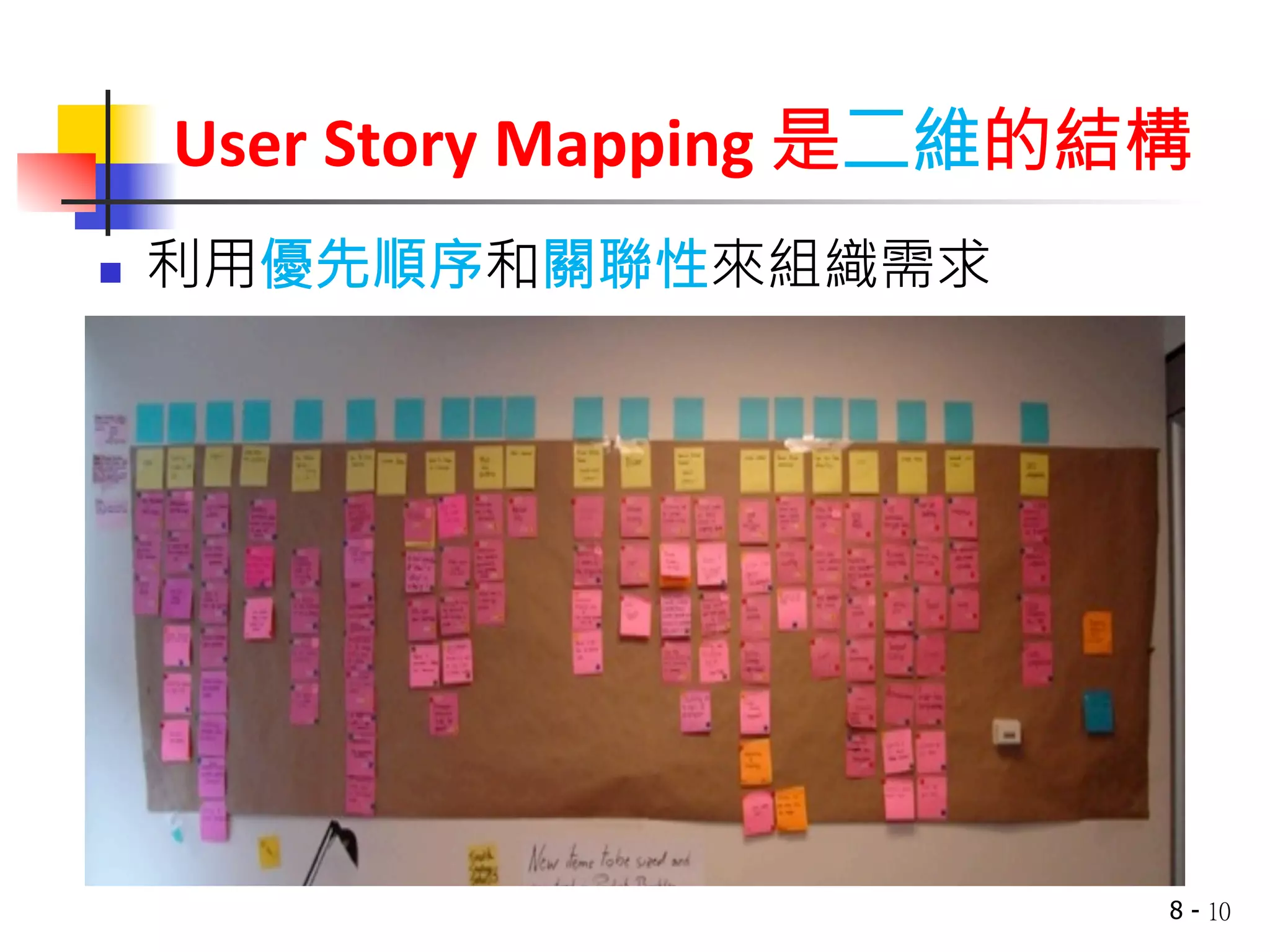 User 
Story 
Mapping 
是二維的結構 
n 利用優先順序和關聯性來組織需求 
8 - 10 
 