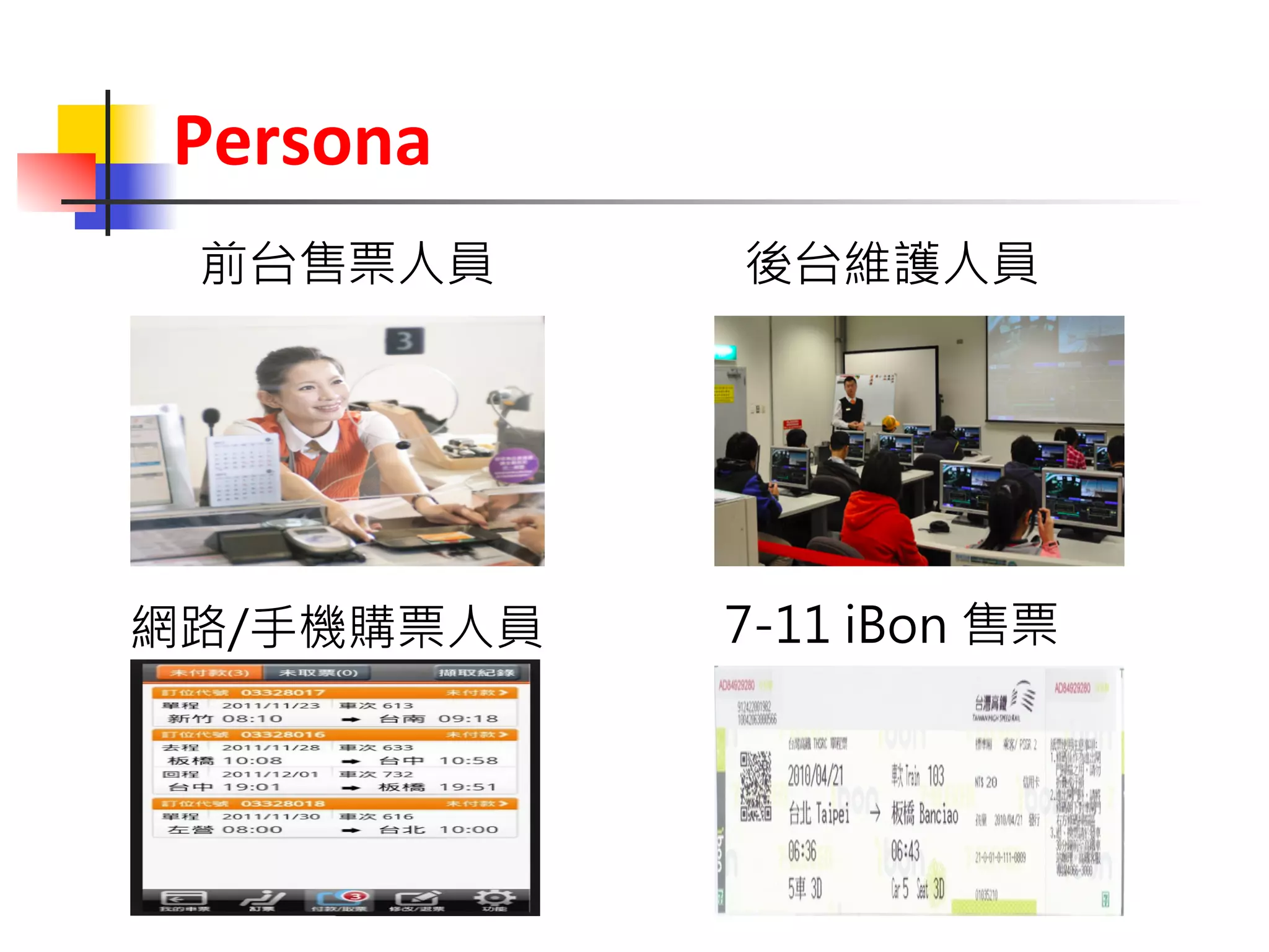 Persona 
前台售票人員 
後台維護人員 
網路/手機購票人員 
7-11 iBon 售票 
 