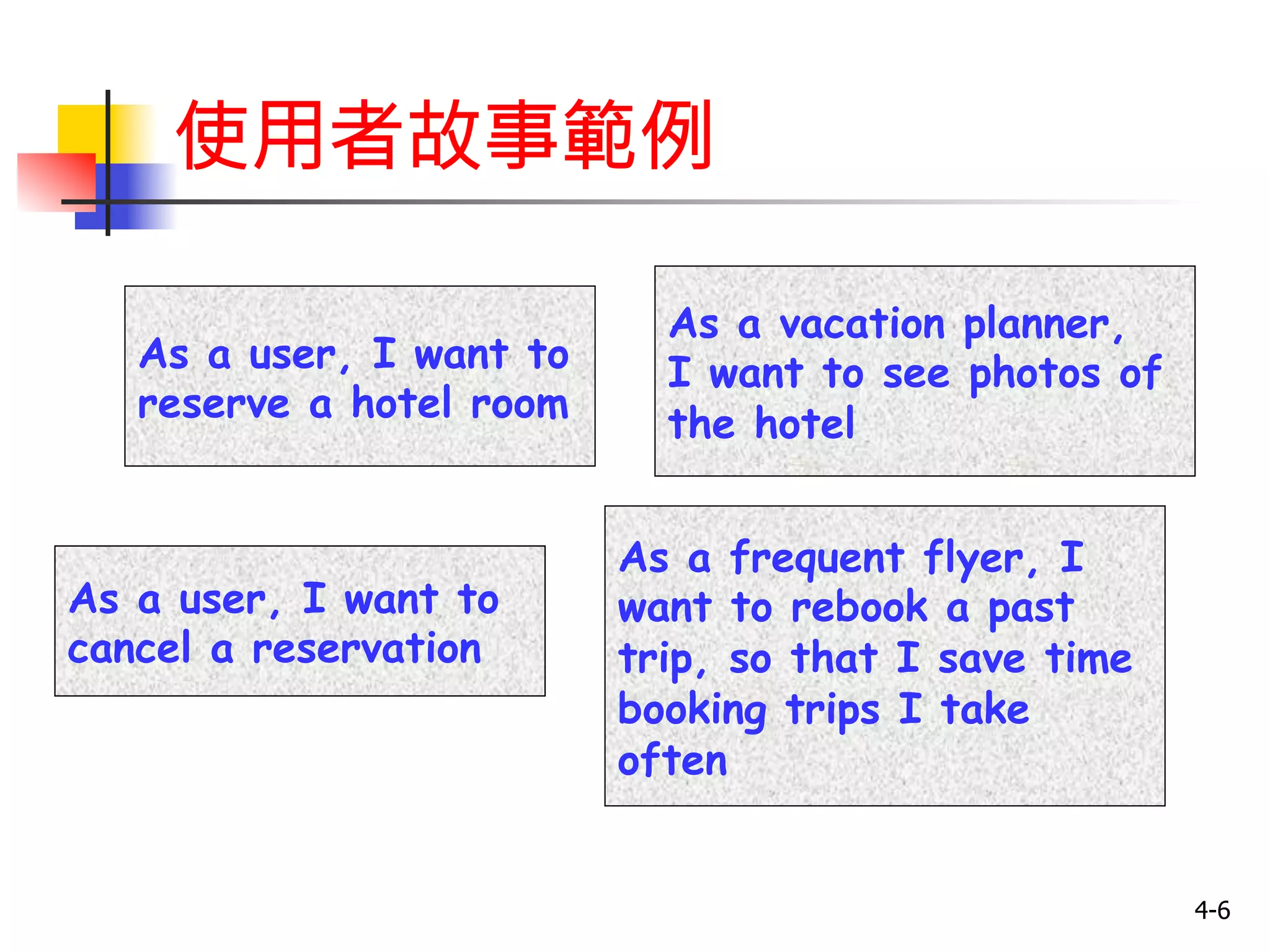 4-6 
使用者故事範例 
As a user, I want to 
reserve a hotel room 
As a user, I want to 
cancel a reservation 
As a vacation planner, 
I want to see photos of 
the hotel 
As a frequent flyer, I 
want to rebook a past 
trip, so that I save time 
booking trips I take 
often 
 