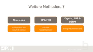 Weitere Methoden..?
Scrumban XP & FDD
Crystal, AUP &
DSDM
Kombination aus
Scrum & Kanban
Software
“Good Practices“
Wenig Industrierelevanz
 