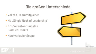 Die großen Unterschiede
• Vollzeit-Teammitglieder
• No „Single Neck of Leadership“
• ROI-Verantwortung des
Product Owners
• Hochvariabler Scope
©koya79 @123rf.com
 