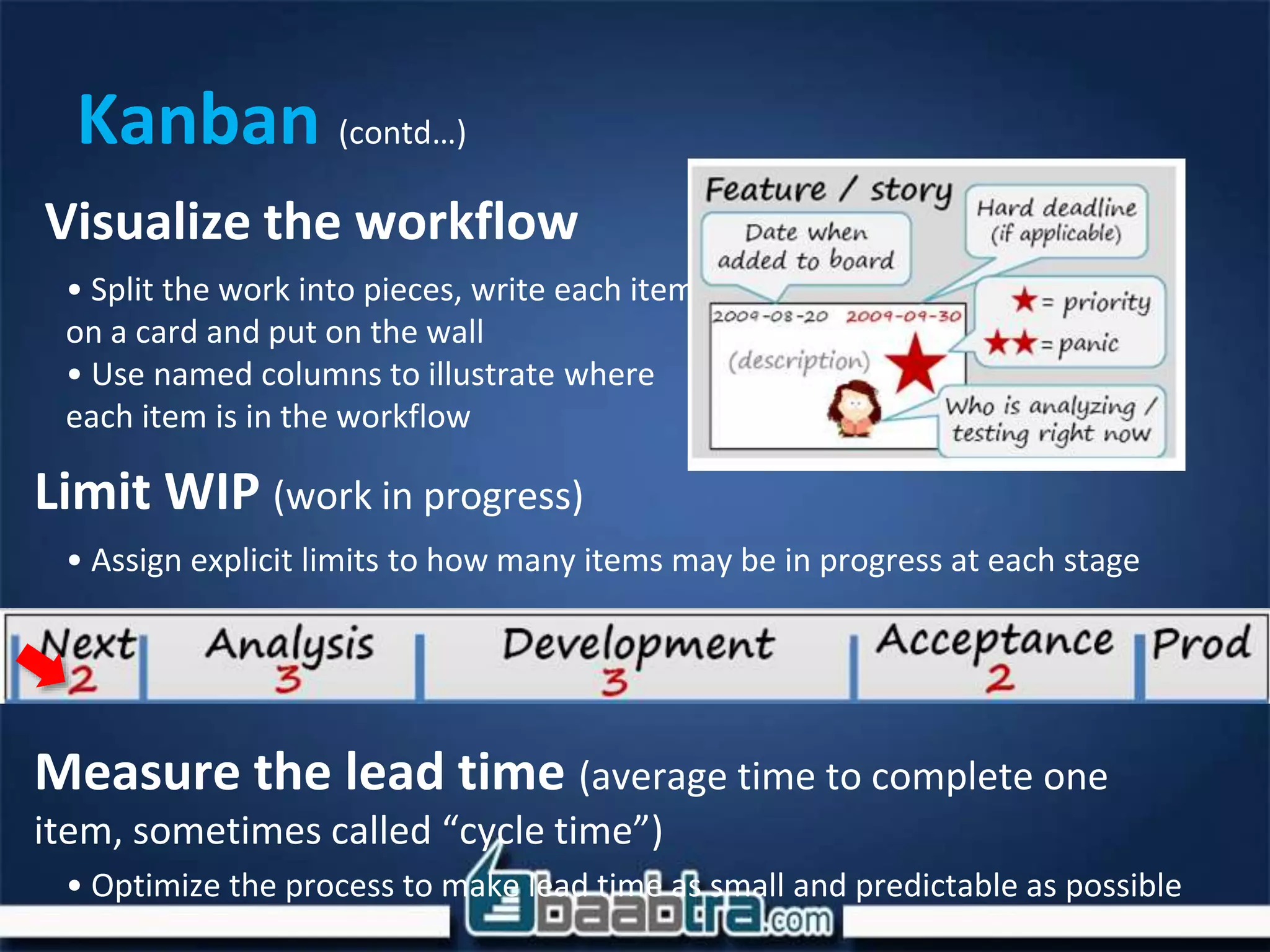 Kanban (contd…)
Visualize the workflow
Limit WIP (work in progress)
• Split the work into pieces, write each item
on a card and put on the wall
• Use named columns to illustrate where
each item is in the workflow
• Assign explicit limits to how many items may be in progress at each stage
Measure the lead time (average time to complete one
item, sometimes called “cycle time”)
• Optimize the process to make lead time as small and predictable as possible
 