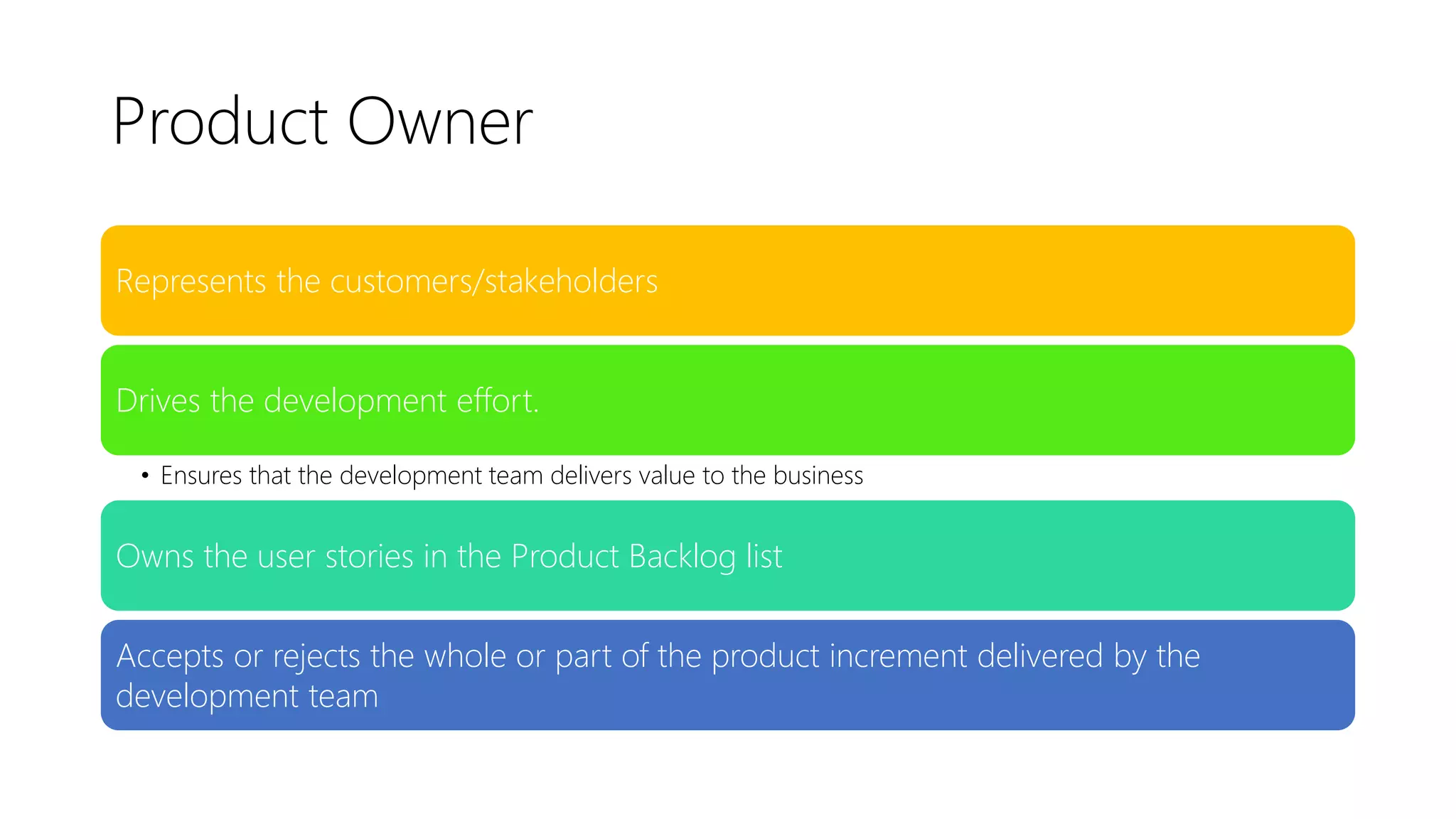 Product Owner
Represents the customers/stakeholders
Drives the development effort.
• Ensures that the development team delivers value to the business
Owns the user stories in the Product Backlog list
Accepts or rejects the whole or part of the product increment delivered by the
development team
 