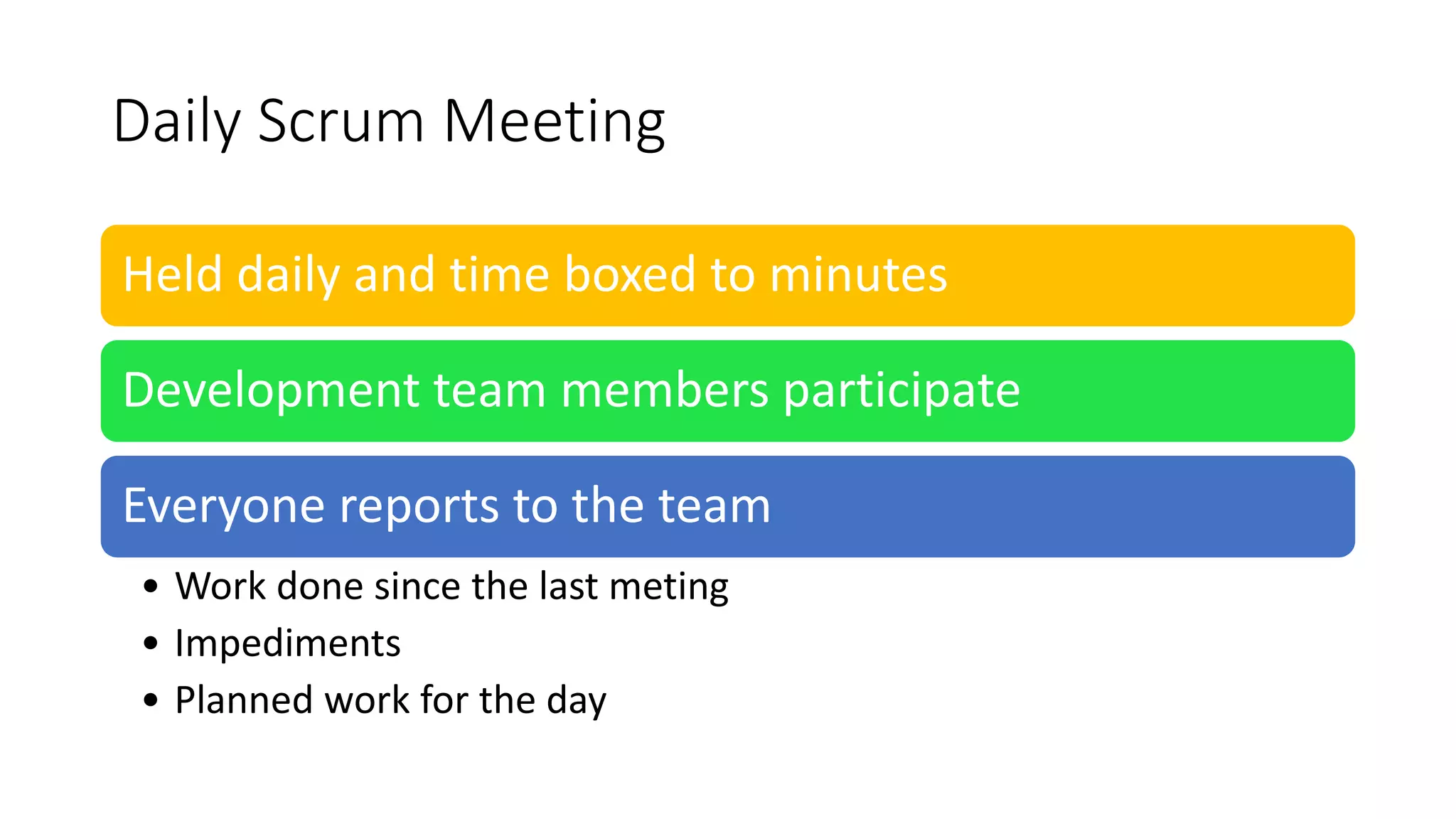 Daily Scrum Meeting
Held daily and time boxed to minutes
Development team members participate
Everyone reports to the team
• Work done since the last meting
• Impediments
• Planned work for the day
 