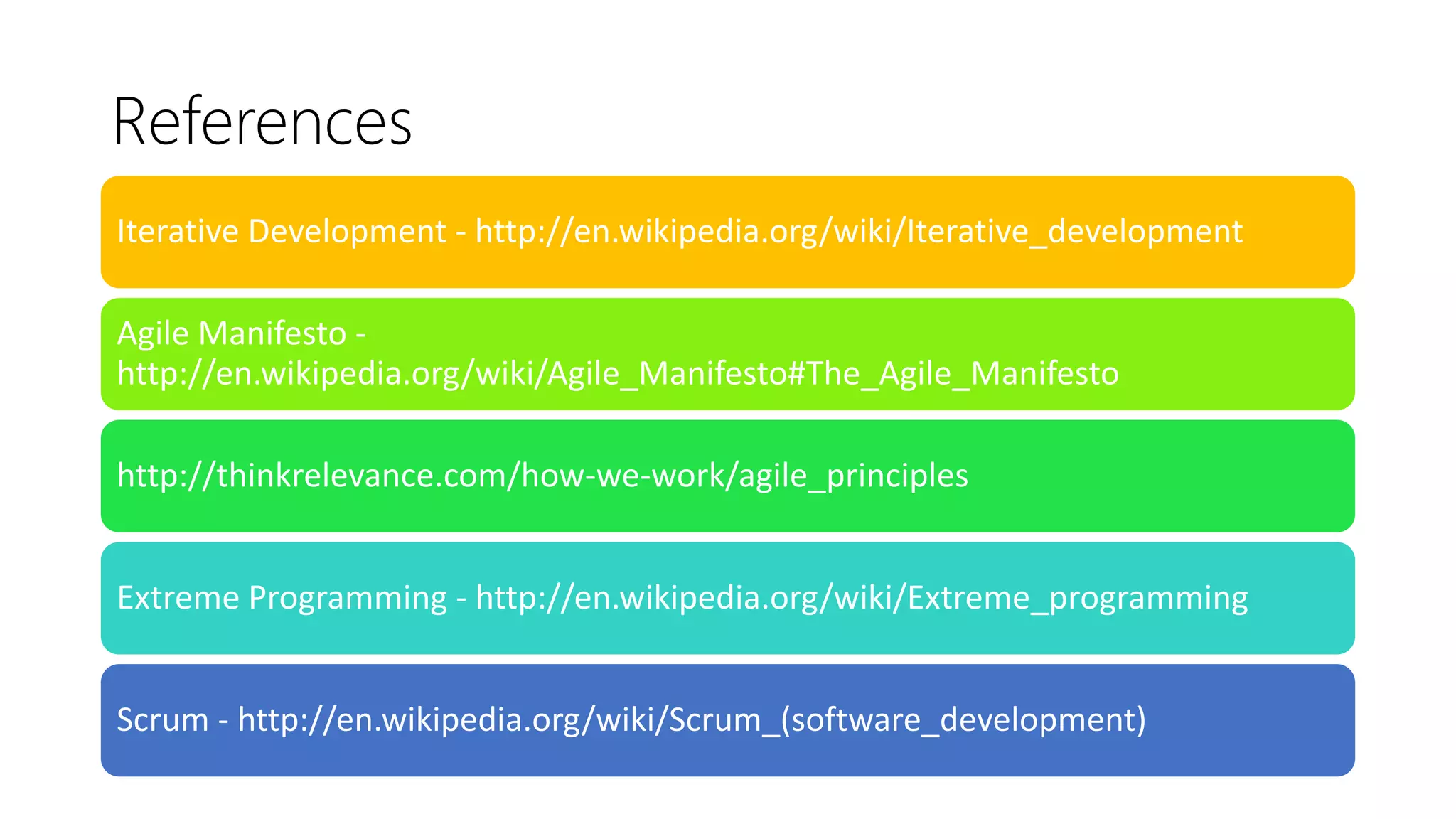 References
Iterative Development - http://en.wikipedia.org/wiki/Iterative_development
Agile Manifesto -
http://en.wikipedia.org/wiki/Agile_Manifesto#The_Agile_Manifesto
http://thinkrelevance.com/how-we-work/agile_principles
Extreme Programming - http://en.wikipedia.org/wiki/Extreme_programming
Scrum - http://en.wikipedia.org/wiki/Scrum_(software_development)
 