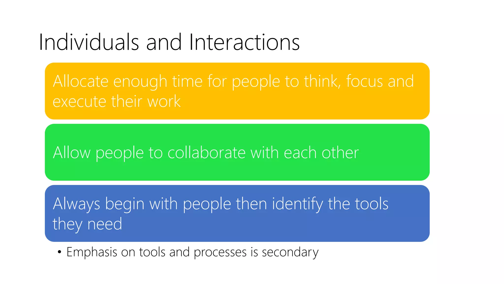 Individuals and Interactions
Allocate enough time for people to think, focus and
execute their work
Allow people to collaborate with each other
Always begin with people then identify the tools
they need
• Emphasis on tools and processes is secondary
 