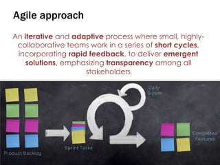 1212
Agile approach
An iterative and adaptive process where small, highly-
collaborative teams work in a series of short cycles,
incorporating rapid feedback, to deliver emergent
solutions, emphasizing transparency among all
stakeholders
 