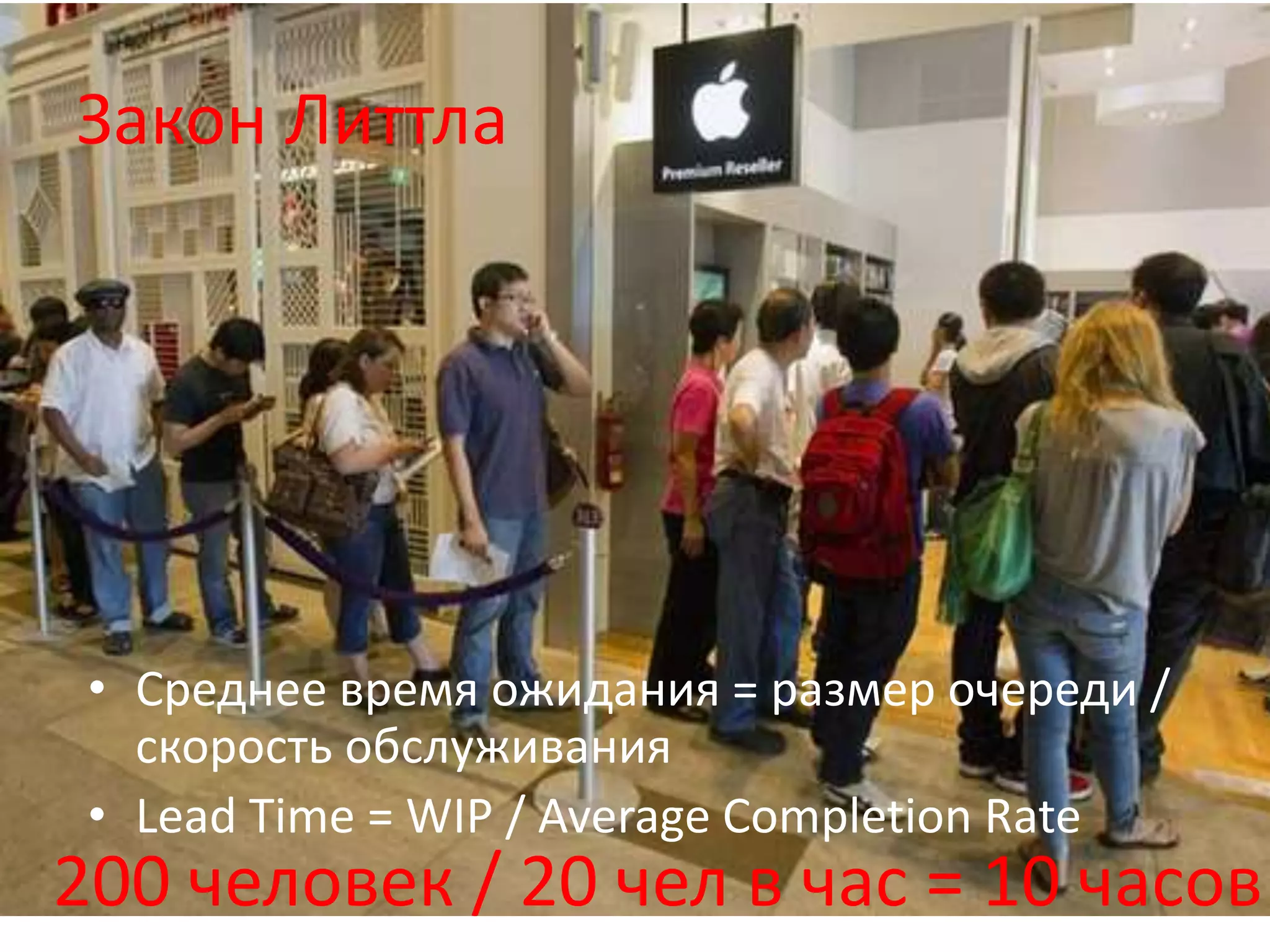 Закон Литтла
• Среднее время ожидания = размер очереди /
скорость обслуживания
• Lead Time = WIP / Average Completion Rate
200 человек / 20 чел в час = 10 часов
 