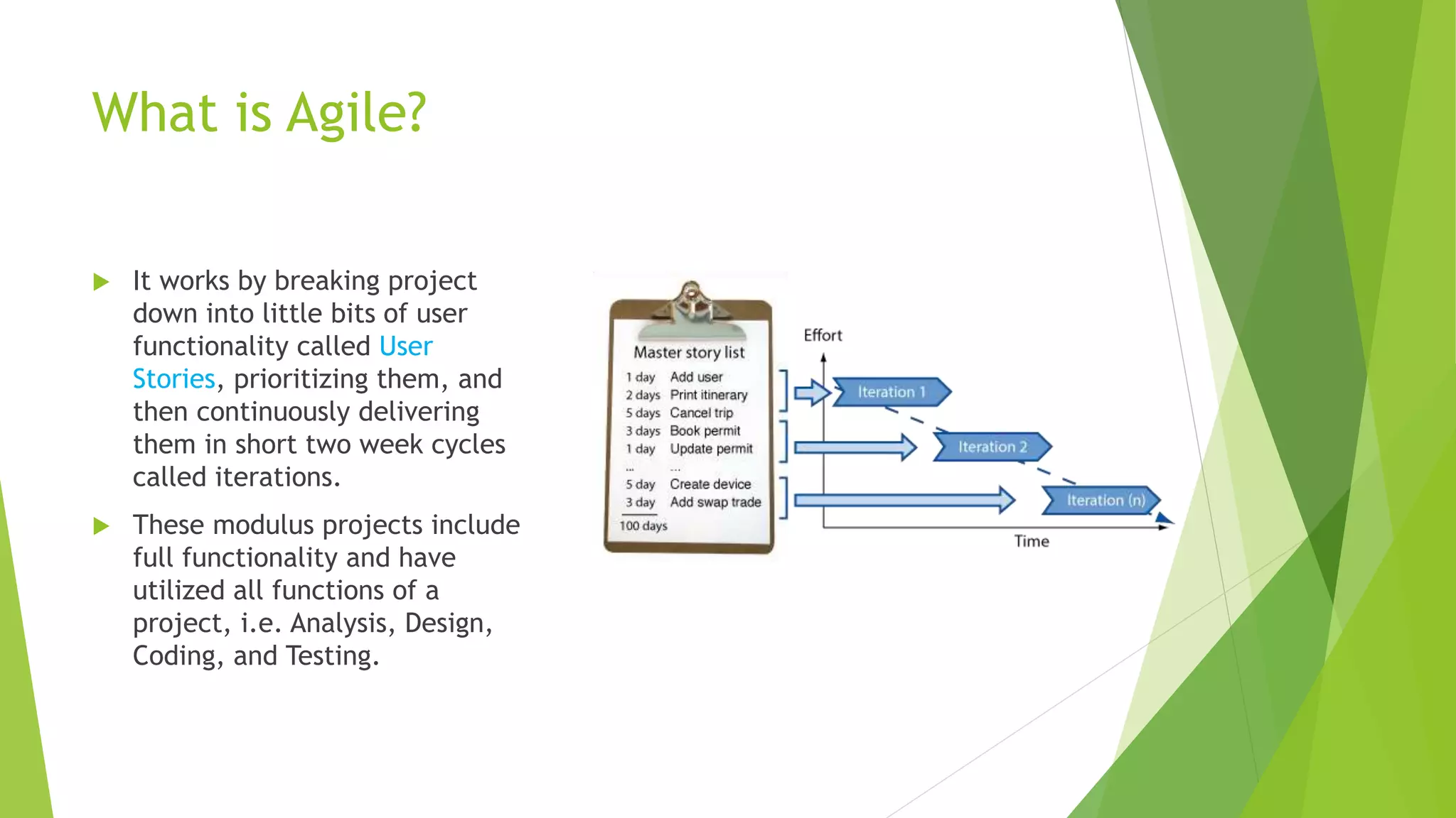 What is Agile?
 It works by breaking project
down into little bits of user
functionality called User
Stories, prioritizing them, and
then continuously delivering
them in short two week cycles
called iterations.
 These modulus projects include
full functionality and have
utilized all functions of a
project, i.e. Analysis, Design,
Coding, and Testing.
 