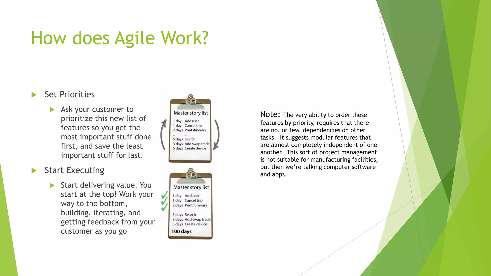 How does Agile Work?
 Set Priorities
 Ask your customer to
prioritize this new list of
features so you get the
most important stuff done
first, and save the least
important stuff for last.
 Start Executing
 Start delivering value. You
start at the top! Work your
way to the bottom,
building, iterating, and
getting feedback from your
customer as you go
Note: The very ability to order these
features by priority, requires that there
are no, or few, dependencies on other
tasks. It suggests modular features that
are almost completely independent of one
another. This sort of project management
is not suitable for manufacturing facilities,
but then we’re talking computer software
and apps.
 