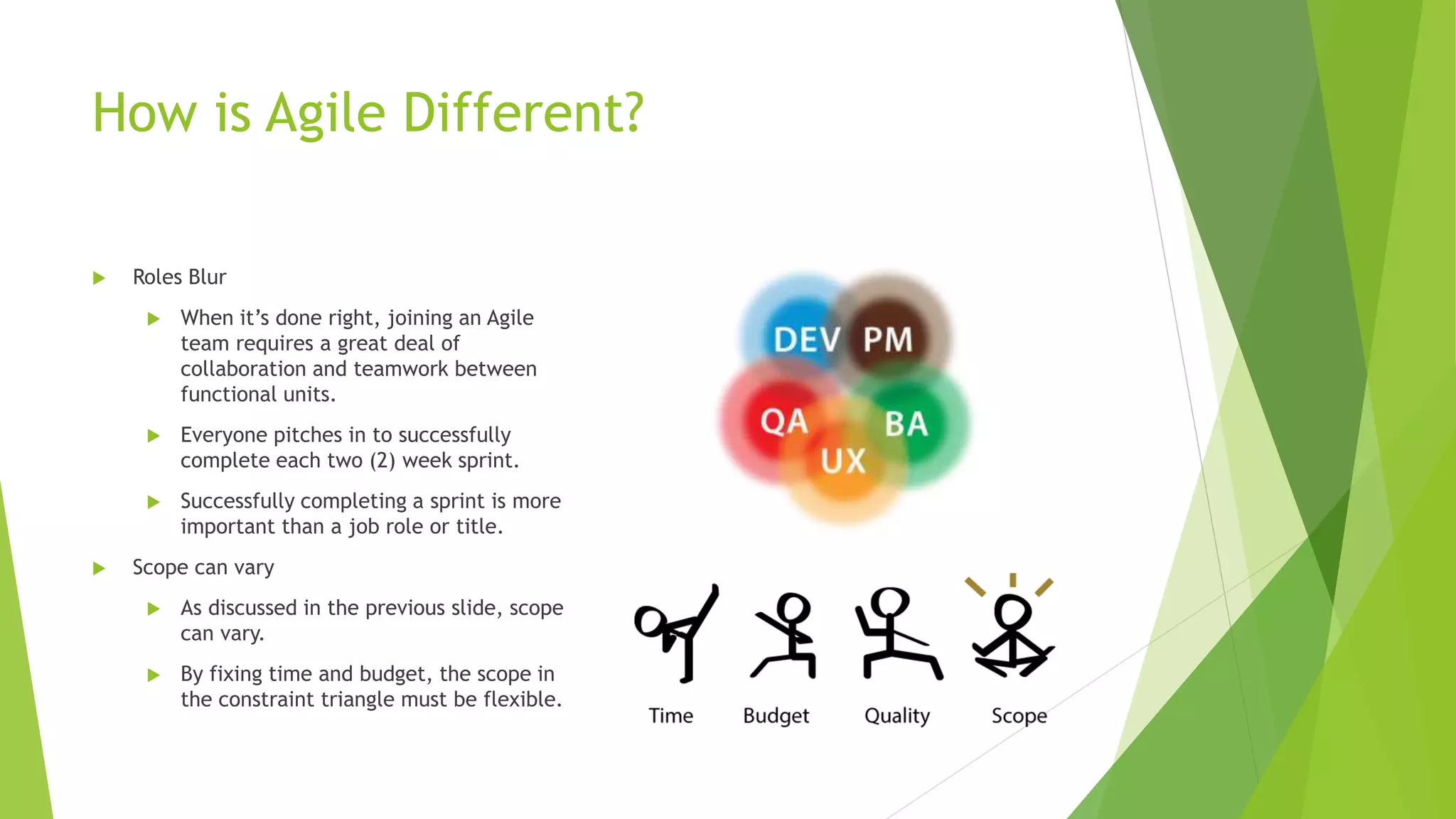 How is Agile Different?
 Roles Blur
 When it’s done right, joining an Agile
team requires a great deal of
collaboration and teamwork between
functional units.
 Everyone pitches in to successfully
complete each two (2) week sprint.
 Successfully completing a sprint is more
important than a job role or title.
 Scope can vary
 As discussed in the previous slide, scope
can vary.
 By fixing time and budget, the scope in
the constraint triangle must be flexible.
 