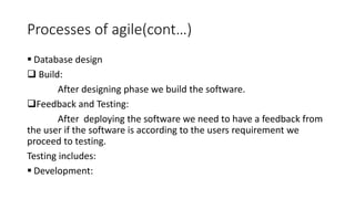 Processes of agile(cont…)
 Database design
 Build:
After designing phase we build the software.
Feedback and Testing:
After deploying the software we need to have a feedback from
the user if the software is according to the users requirement we
proceed to testing.
Testing includes:
 Development:
 