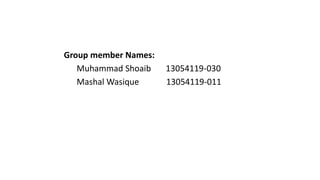 Group member Names:
Muhammad Shoaib 13054119-030
Mashal Wasique 13054119-011
 