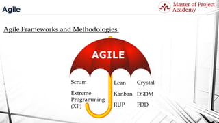 Agile
Agile Frameworks and Methodologies:
AGILE
Scrum
Extreme
Programming
(XP)
Lean
Kanban
RUP
Crystal
DSDM
FDD
Visit: http://masterofproject.com for full course
 