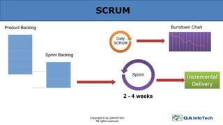 SCRUM
Product Backlog
Copyright © by QAInfoTech.
All rights reserved.
Sprint Backlog
Daily
SCRUM
Sprint
2 - 4 weeks
Burndown Chart
 
