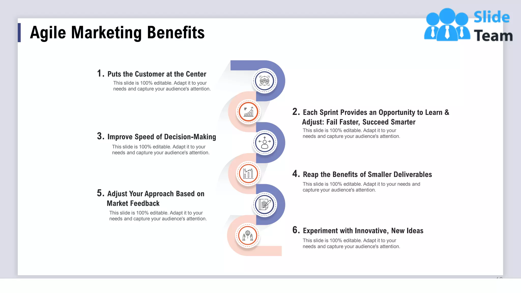 Agile Marketing Benefits
16
1. Puts the Customer at the Center
This slide is 100% editable. Adapt it to your
needs and capture your audience's attention.
3. Improve Speed of Decision-Making
This slide is 100% editable. Adapt it to your
needs and capture your audience's attention.
5. Adjust Your Approach Based on
Market Feedback
This slide is 100% editable. Adapt it to your
needs and capture your audience's attention.
2. Each Sprint Provides an Opportunity to Learn &
Adjust: Fail Faster, Succeed Smarter
This slide is 100% editable. Adapt it to your
needs and capture your audience's attention.
4. Reap the Benefits of Smaller Deliverables
This slide is 100% editable. Adapt it to your needs and
capture your audience's attention.
6. Experiment with Innovative, New Ideas
This slide is 100% editable. Adapt it to your
needs and capture your audience's attention.
 