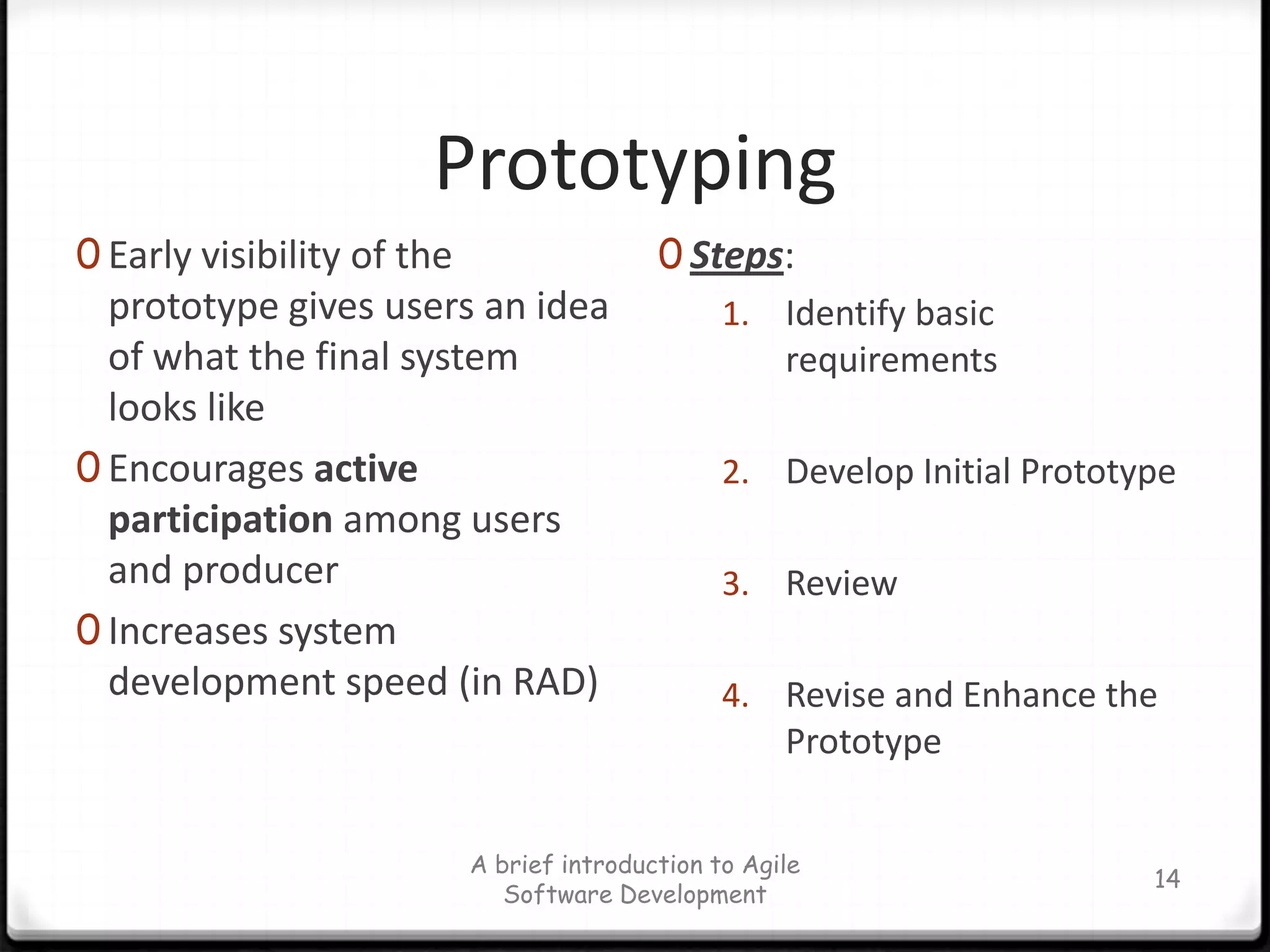 PrototypingEarly visibility of the prototype gives users an idea of what the final system looks likeEncourages active participation among users and producerIncreases system development speed (in RAD)Steps:Identify basic requirementsDevelop Initial PrototypeReviewRevise and Enhance the Prototype14A brief introduction to Agile Software Development
