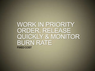 WORK IN PRIORITY
ORDER, RELEASE
QUICKLY & MONITOR
BURN RATE
FIXED COST
 