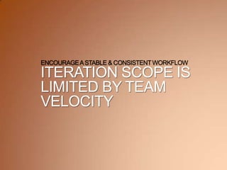 ENCOURAGEASTABLE & CONSISTENTWORKFLOW
ITERATION SCOPE IS
LIMITED BY TEAM
VELOCITY
 