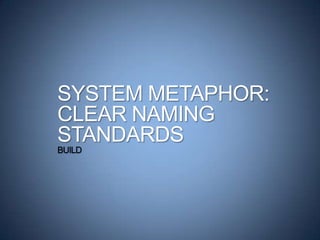 SYSTEM METAPHOR:
CLEAR NAMING
STANDARDS
BUILD
 