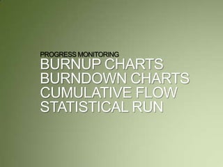 PROGRESS MONITORING
BURNUP CHARTS
BURNDOWN CHARTS
CUMULATIVE FLOW
STATISTICAL RUN
 