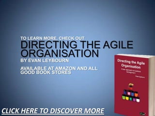 TO LEARN MORE, CHECK OUT
DIRECTING THE AGILE
ORGANISATIONBY EVAN LEYBOURN
AVAILABLE AT AMAZON AND ALL
GOOD BOOK STORES
CLICK HERE TO DISCOVER MORE
 