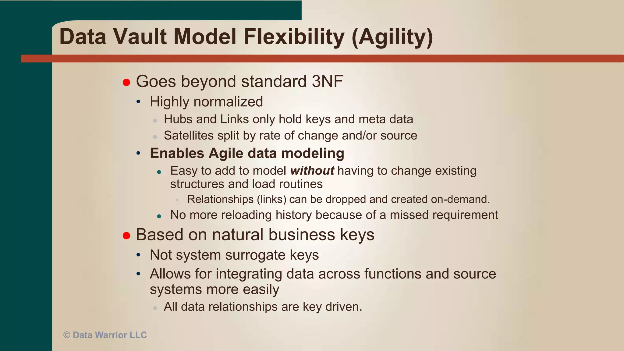 Getting to Agile/RAD
 “better than average expertise”
● Expert consulting and mentoring
● Do the work (OTJ)
 At Denver Public Schools
● Took two years before we could try being
more “agile”
● Needed experience in Data Warehousing,
Oracle Designer, OWB, and the “process” of
building, deploying, and maintaining an
Oracle DW
© Data Warrior LLC
 
