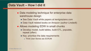 HP EDW Examples
 Business found missing report elements
 Solution: modify 3 tables to add 5 new columns in
reporting model (star schema)
 Tasks:
● Document requirements and ETL specs
● Modify Logical & Physical model (w/peer review)
● Rebuild tables in development
● Develop and test ETL
● MTI (Move To Integration) tables and code
● Execute and test ETL
● Modify report in UAT environment & test
 Result: Revised report ready in 18 hours, 44 minutes
● Less than 1 business day
 2nd case: 6 tables, 16 new columns
● Ready for UAT in 72 hours
 How? War room with Biz & IT Team
© Data Warrior LLC
 