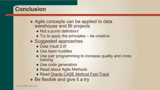 Data Vault Model Flexibility (Agility)
 Goes beyond standard 3NF
• Highly normalized
● Hubs and Links only hold keys and meta data
● Satellites split by rate of change and/or source
• Enables Agile data modeling
● Easy to add to model without having to change existing
structures and load routines
• Relationships (links) can be dropped and created on-demand.
● No more reloading history because of a missed requirement
 Based on natural business keys
• Not system surrogate keys
• Allows for integrating data across functions and source
systems more easily
● All data relationships are key driven.
© Data Warrior LLC
 