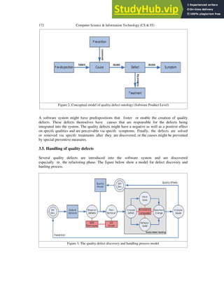 172 Computer Science & Information Technology (CS & IT)
Figure 2. Conceptual model of quality defect ontology (Software Product Level)
A software system might have predispositions that foster or enable the creation of quality
defects. These defects themselves have causes that are responsible for the defects being
integrated into the system. The quality defects might have a negative as well as a positive effect
on specifc qualities and are perceivable via specifc symptoms. Finally, the defects are solved
or removed via specifc treatments after they are discovered, or the causes might be prevented
by special preventive measures.
3.5. Handling of quality defects
Several quality defects are introduced into the software system and are discovered
especially in the refactoring phase. The figure below show a model for defect discovery and
hanling process.
Figure 3. The quality defect discovery and handling process model
 