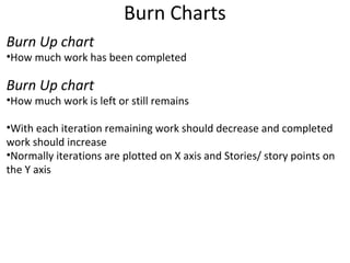 Burn Charts Burn Up chart How much work has been completed Burn Up chart How much work is left or still remains With each iteration remaining work should decrease and completed work should increase Normally iterations are plotted on X axis and Stories/ story points on the Y axis 