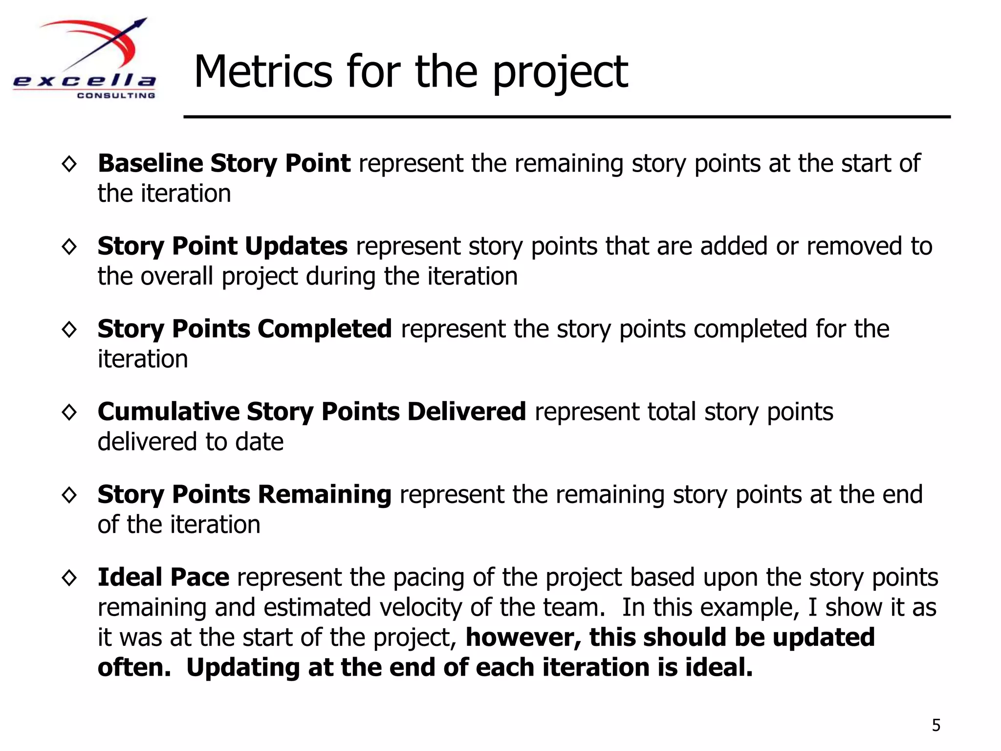 Metrics for the projectBaseline Story Point represent the remaining story points at the start of the iterationStory Point Updates represent story points that are added or removed to the overall project during the iterationStory Points Completed represent the story points completed for the iterationCumulative Story Points Delivered represent total story points delivered to dateStory Points Remaining represent the remaining story points at the end of the iterationIdeal Pace represent the pacing of the project based upon the story points remaining and estimated velocity of the team.  In this example, I show it as it was at the start of the project, however, this should be updated often.  Updating at the end of each iteration is ideal.5