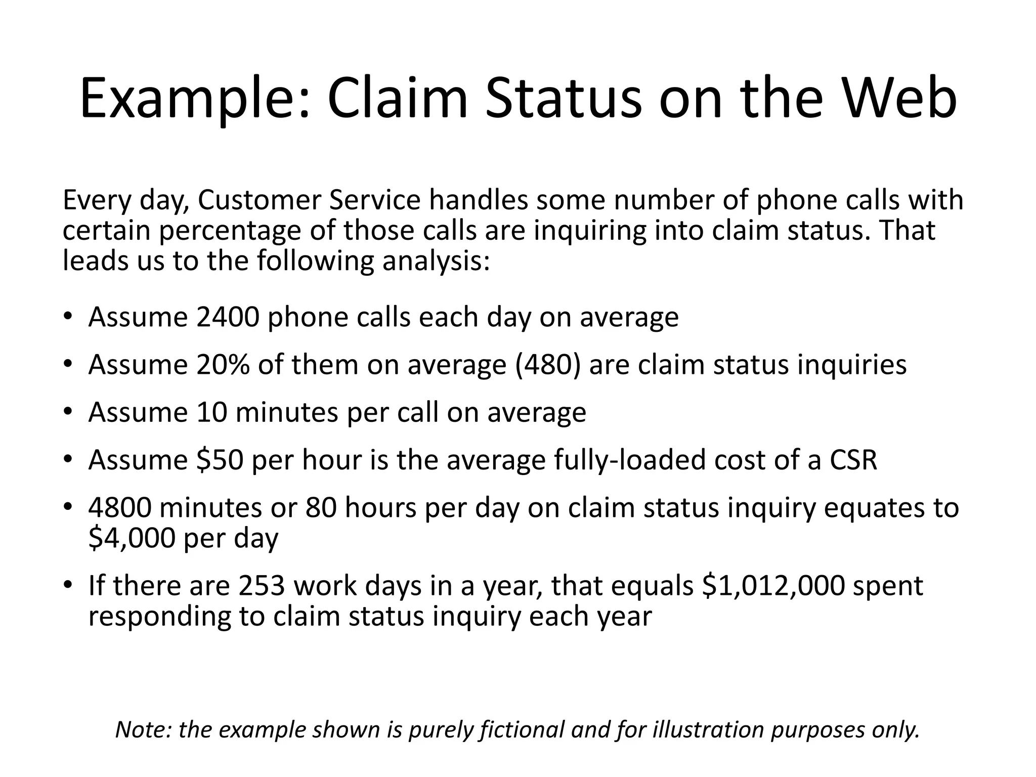 Example: Claim Status on the Web
Every day, Customer Service handles some number of phone calls with
certain percentage of those calls are inquiring into claim status. That
leads us to the following analysis:
• Assume 2400 phone calls each day on average
• Assume 20% of them on average (480) are claim status inquiries
• Assume 10 minutes per call on average
• Assume $50 per hour is the average fully-loaded cost of a CSR
• 4800 minutes or 80 hours per day on claim status inquiry equates to
$4,000 per day
• If there are 253 work days in a year, that equals $1,012,000 spent
responding to claim status inquiry each year
Note: the example shown is purely fictional and for illustration purposes only.
 