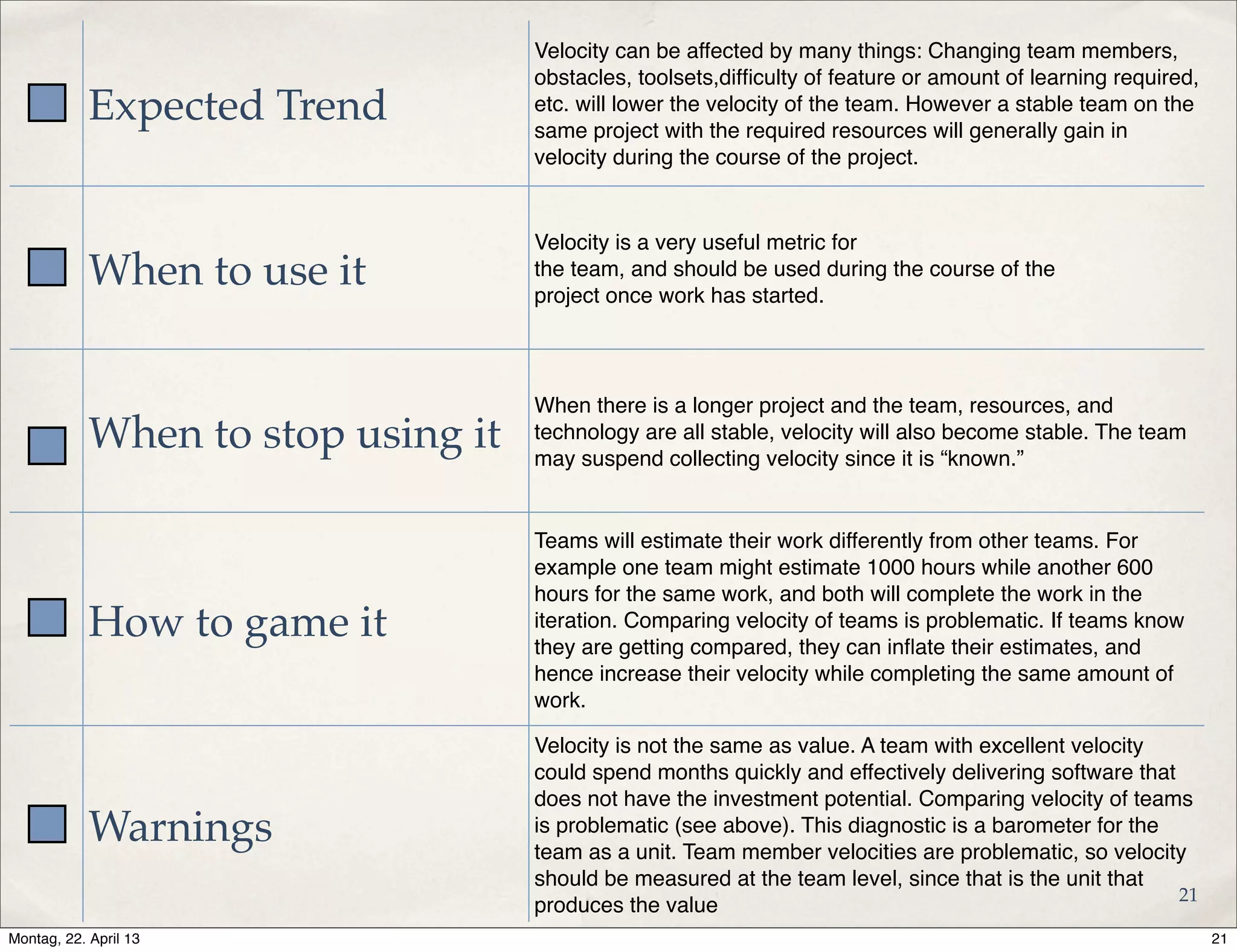 Expected Trend
Velocity can be affected by many things: Changing team members,
obstacles, toolsets,difﬁculty of feature or amount of learning required,
etc. will lower the velocity of the team. However a stable team on the
same project with the required resources will generally gain in
velocity during the course of the project.
When to use it
Velocity is a very useful metric for
the team, and should be used during the course of the
project once work has started.
When to stop using it
When there is a longer project and the team, resources, and
technology are all stable, velocity will also become stable. The team
may suspend collecting velocity since it is “known.”
How to game it
Teams will estimate their work differently from other teams. For
example one team might estimate 1000 hours while another 600
hours for the same work, and both will complete the work in the
iteration. Comparing velocity of teams is problematic. If teams know
they are getting compared, they can inﬂate their estimates, and
hence increase their velocity while completing the same amount of
work.
Warnings
Velocity is not the same as value. A team with excellent velocity
could spend months quickly and effectively delivering software that
does not have the investment potential. Comparing velocity of teams
is problematic (see above). This diagnostic is a barometer for the
team as a unit. Team member velocities are problematic, so velocity
should be measured at the team level, since that is the unit that
produces the value
21
21Montag, 22. April 13
 